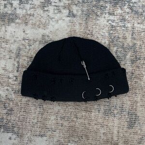 Black Knit Beanie with Metal Accents